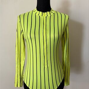 Black Striped Neon Green Long Sleeve Bodysuit Top